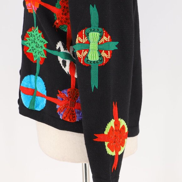 VINTAGE BEREK Sequin Beaded Holiday Ornament Knit Cardigan Sweater Size L - Picture 5 of 9